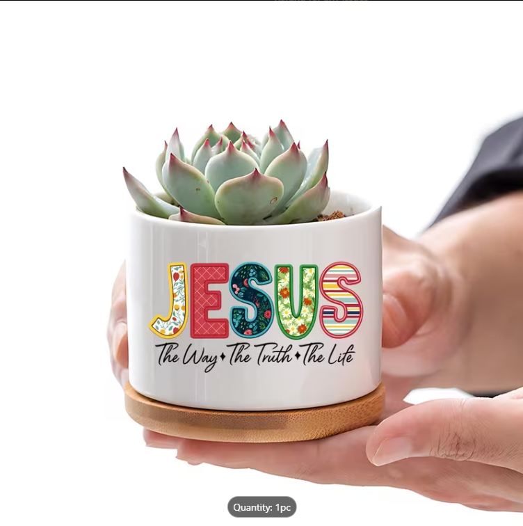 Ceramic Planters with Bamboo Tray "The Way, The Truth, The Life"