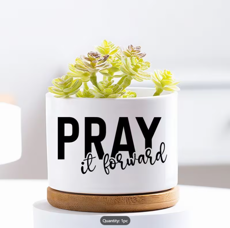 Ceramic Planter with Bamboo Base - "Pray It Forward"