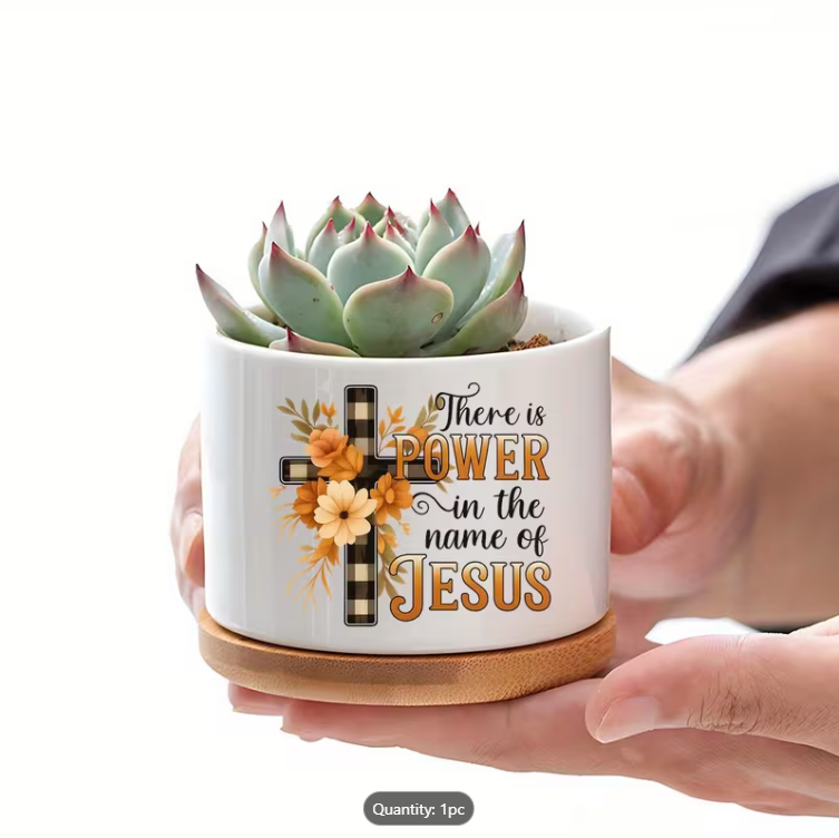 Ceramic Vase with Bamboo Tray - "There is power in the name of Jesus"